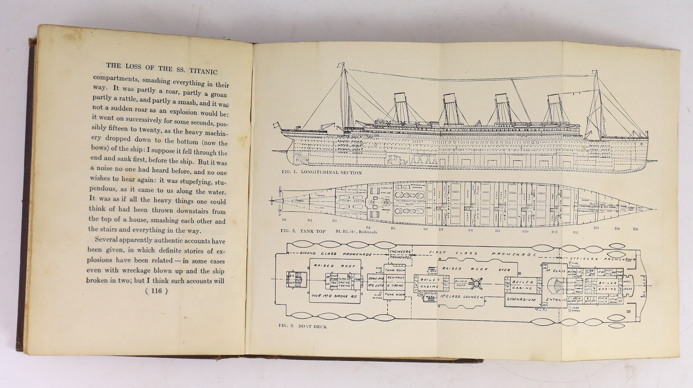 Beesley, Lawrence - The Loss of the SS. Titanic: its story and its lessons ... 3 photo plates & 2 folded plans; publisher's cloth. William Heinemann, 1912